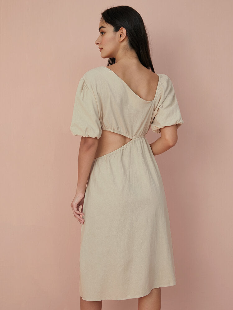 Solid Cut Out Asymmetrical Neck Puff Sleeve  Women Dress