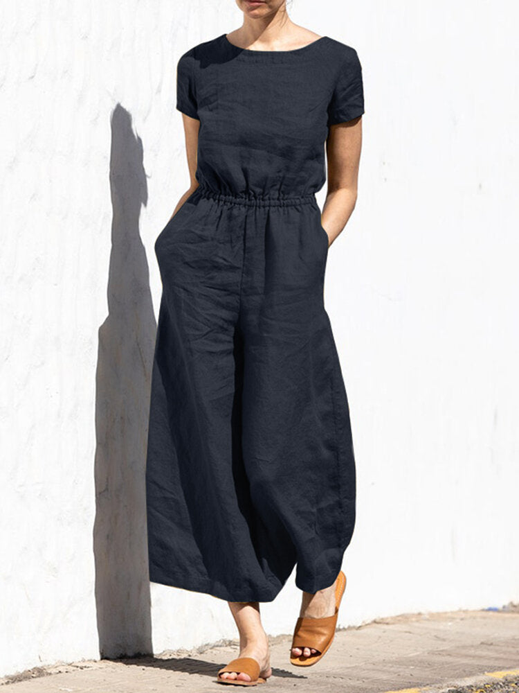 Solid Color Short Sleeve O-neck Cotton Wide Leg  Women Jumpsuits