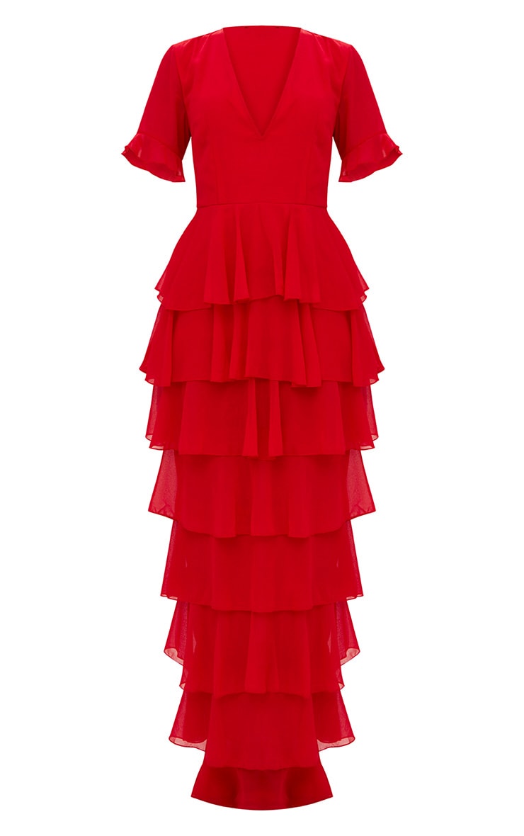 RED CHIFFON RUFFLE LAYER MAXI DRESS