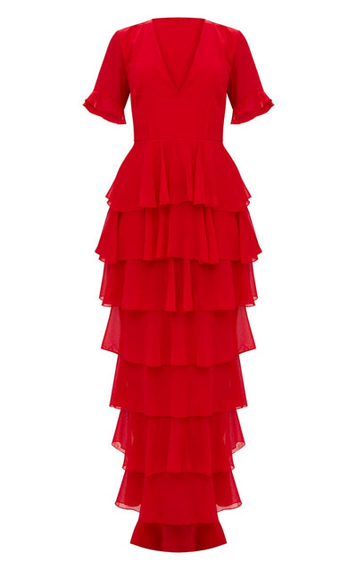 RED CHIFFON RUFFLE LAYER MAXI DRESS