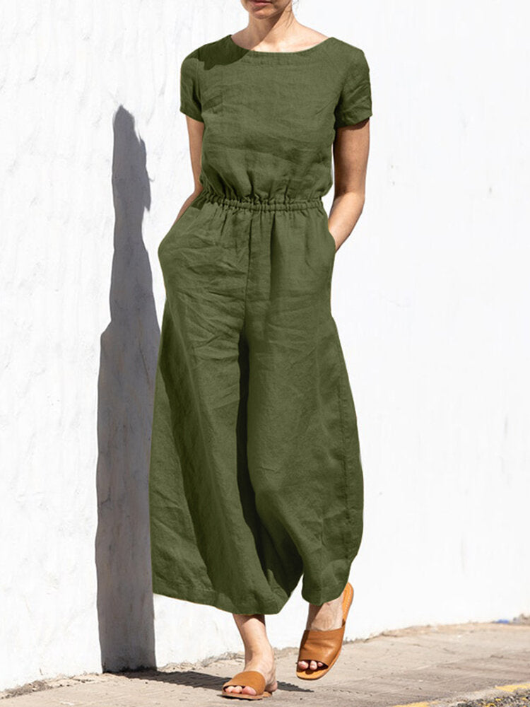 Solid Color Short Sleeve O-neck Cotton Wide Leg  Women Jumpsuits