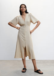 Buttoned Linen Blend Women's Midi Dress