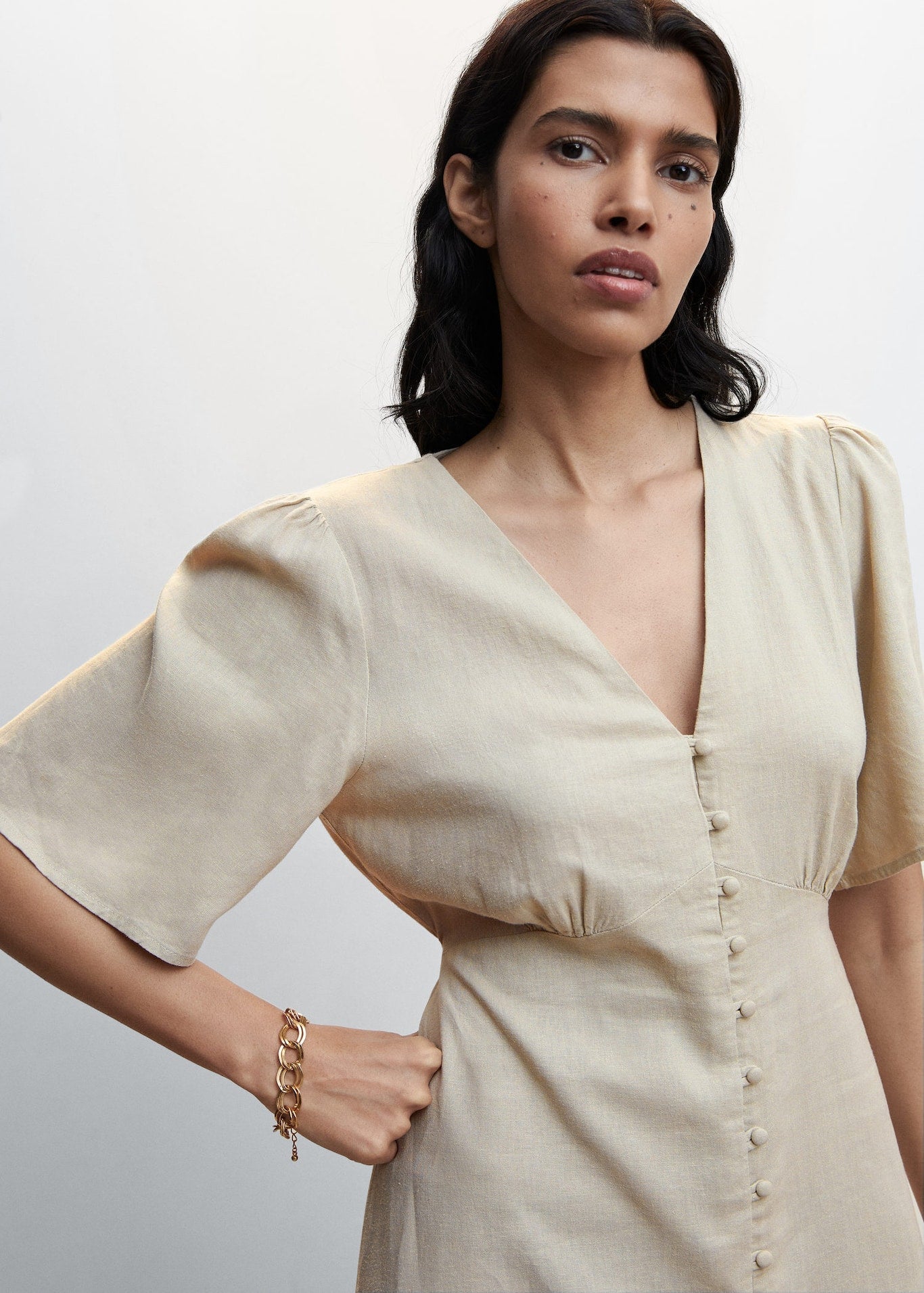Buttoned Linen Blend Women's Midi Dress
