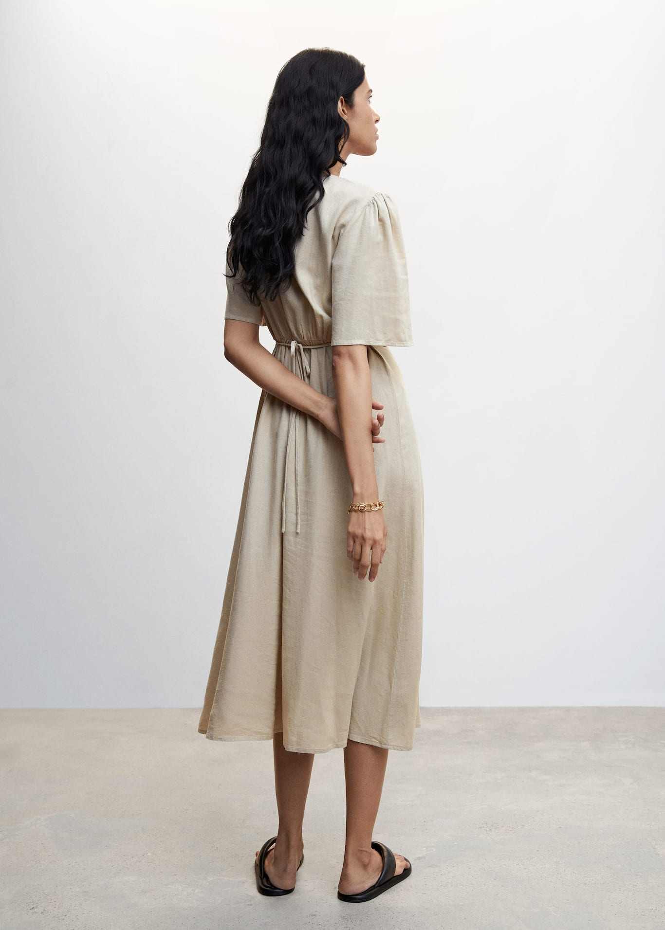 Buttoned Linen Blend Women's Midi Dress