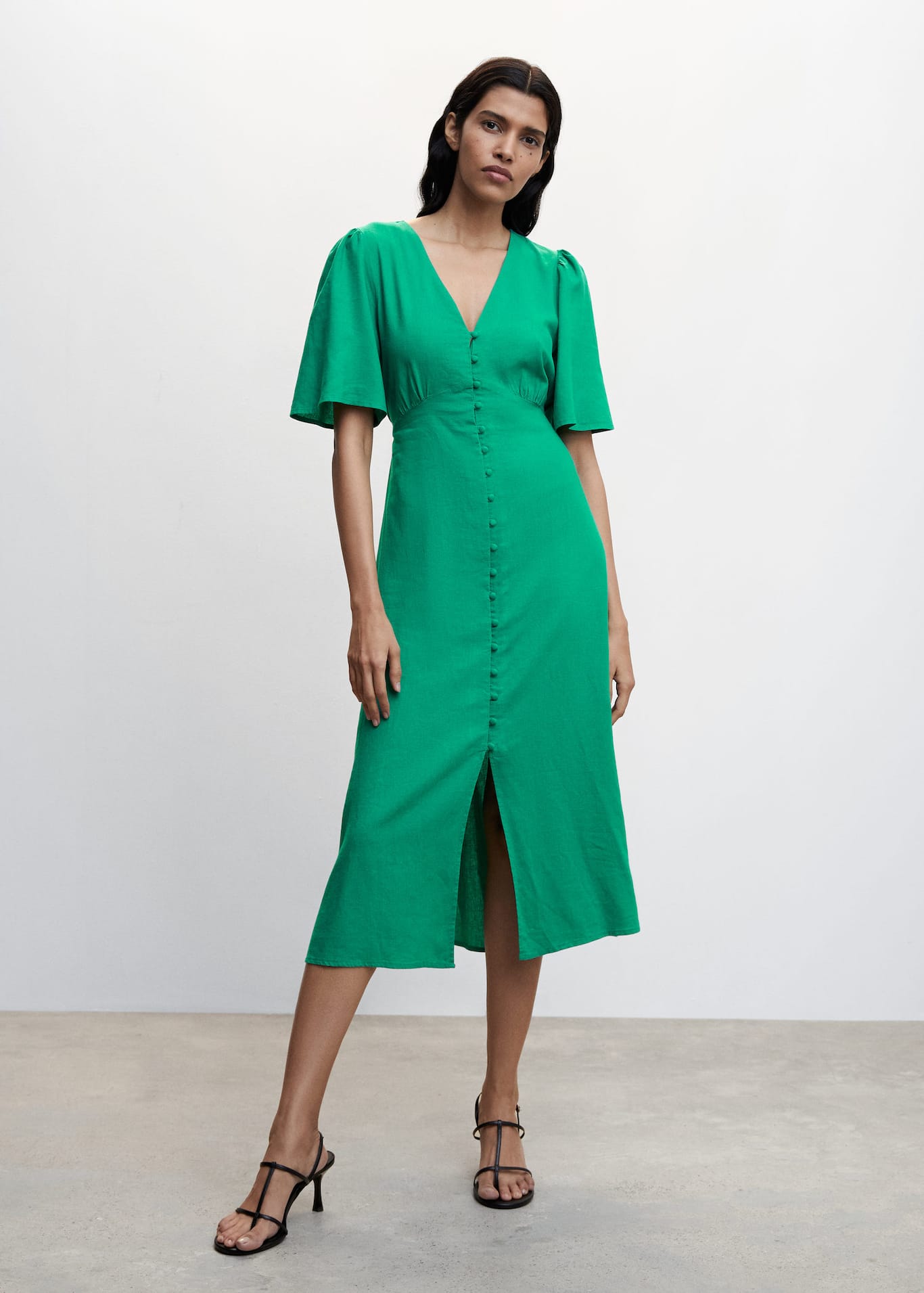 Buttoned Linen Blend Women's Midi Dress