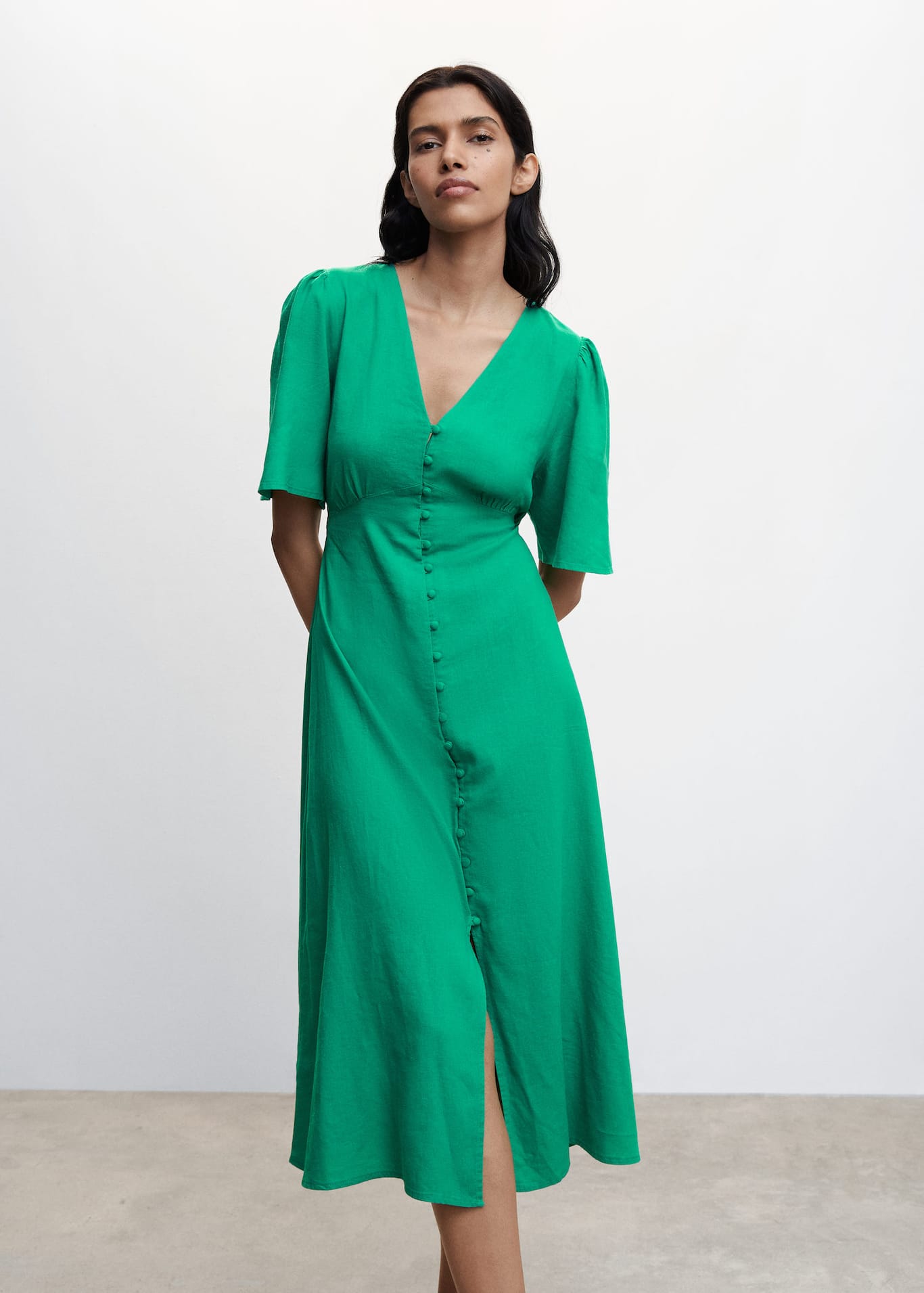 Buttoned Linen Blend Women's Midi Dress