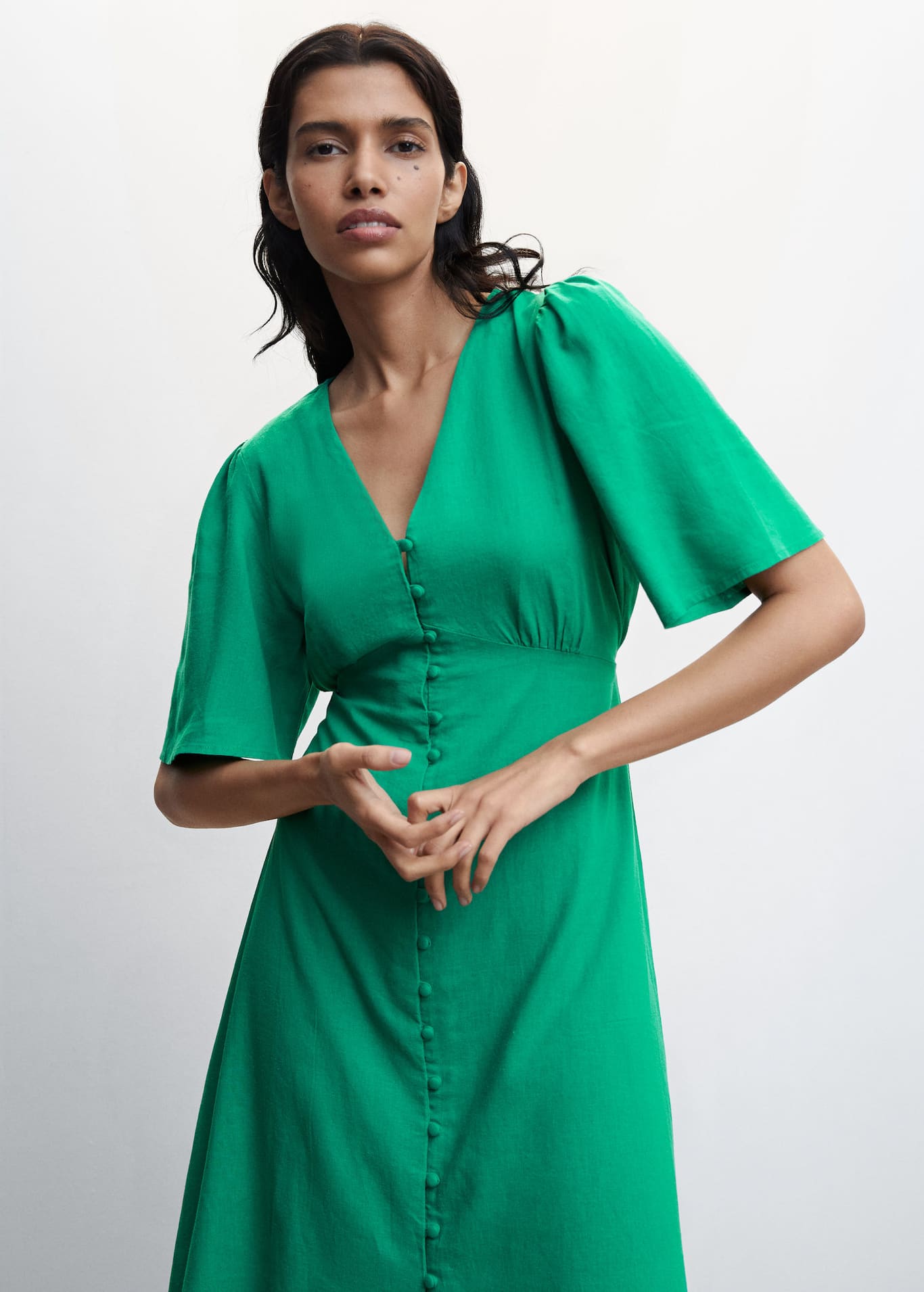 Buttoned Linen Blend Women's Midi Dress