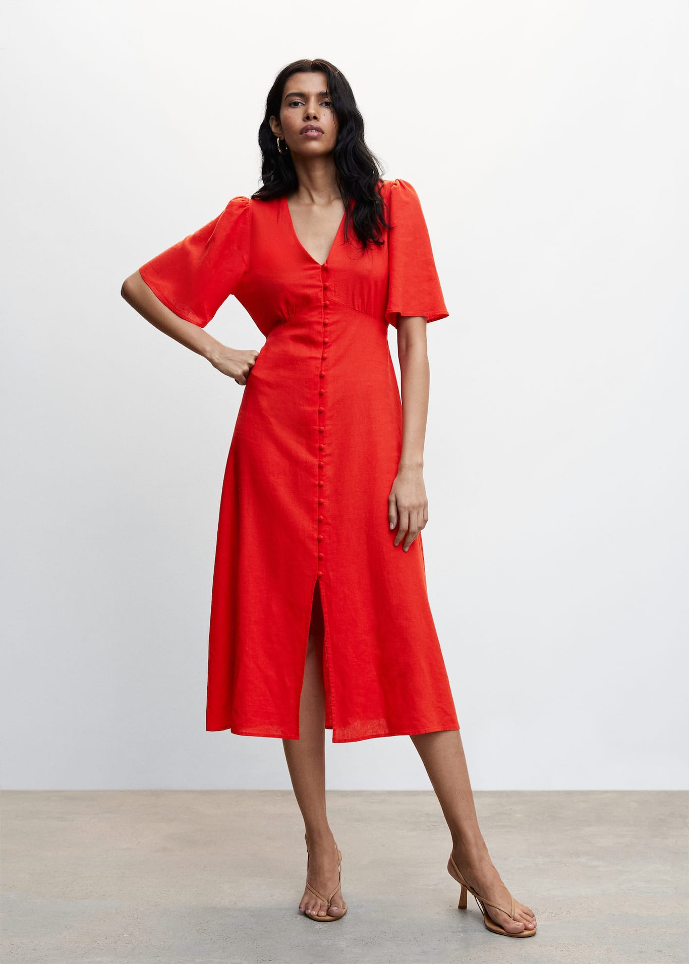 Buttoned Linen Blend Women's Midi Dress