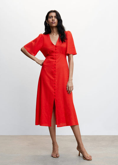 Buttoned Linen Blend Women's Midi Dress