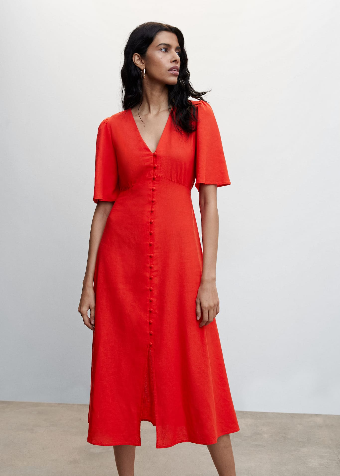 Buttoned Linen Blend Women's Midi Dress