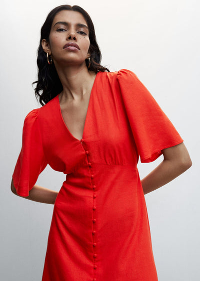 Buttoned Linen Blend Women's Midi Dress