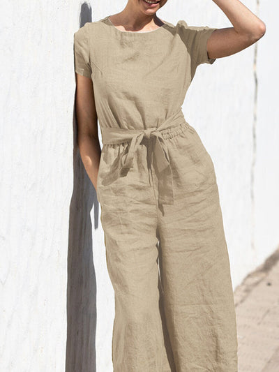 Solid Color Short Sleeve O-neck Cotton Wide Leg  Women Jumpsuits
