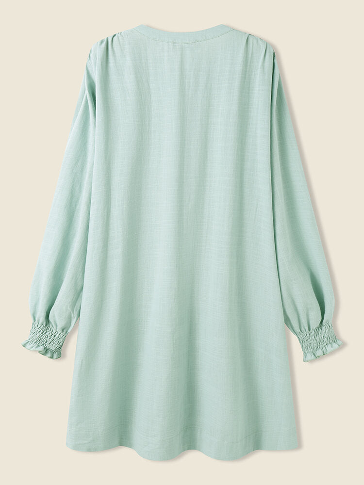 Solid Shirred Long Sleeve Knotted Front V-neck Women Dress