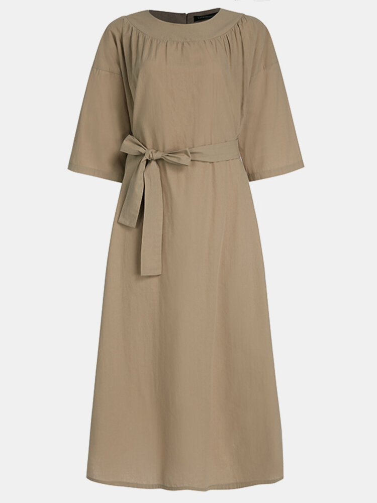 Vintage Solid 3/4 Length Sleeve Lace Knotted Elegant Women Dress