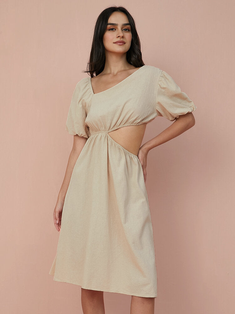 Solid Cut Out Asymmetrical Neck Puff Sleeve  Women Dress