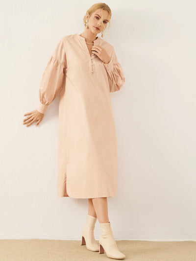 Solid Slit Hem Button Front Long Sleeve Stand Collar Women Dress