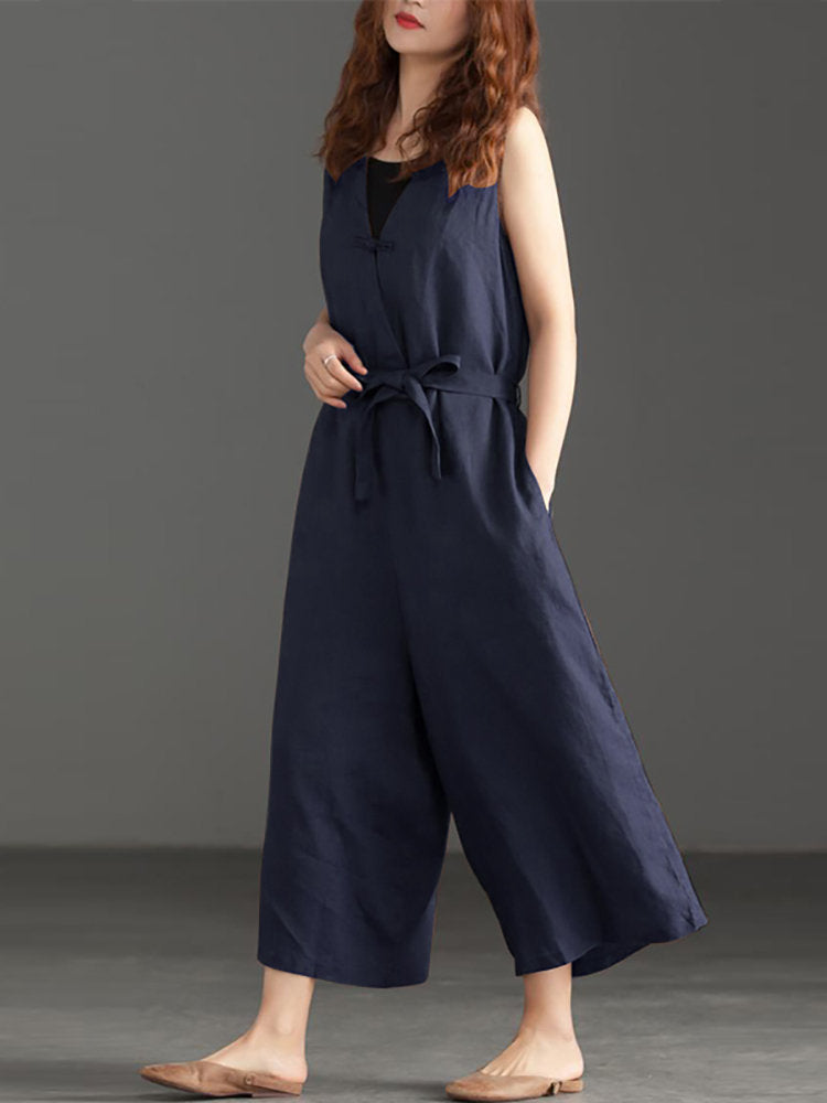 Women V-neck Belted Flare Overalls Jumpsuits