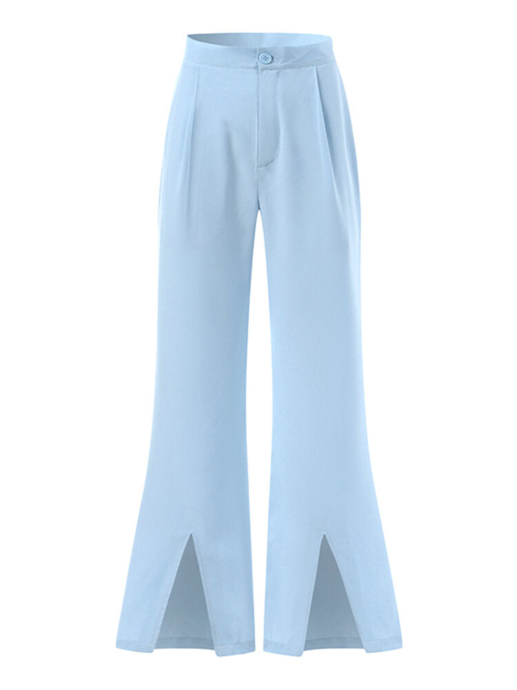 Solid Split Hem High Waist Pleats Full Length Pants