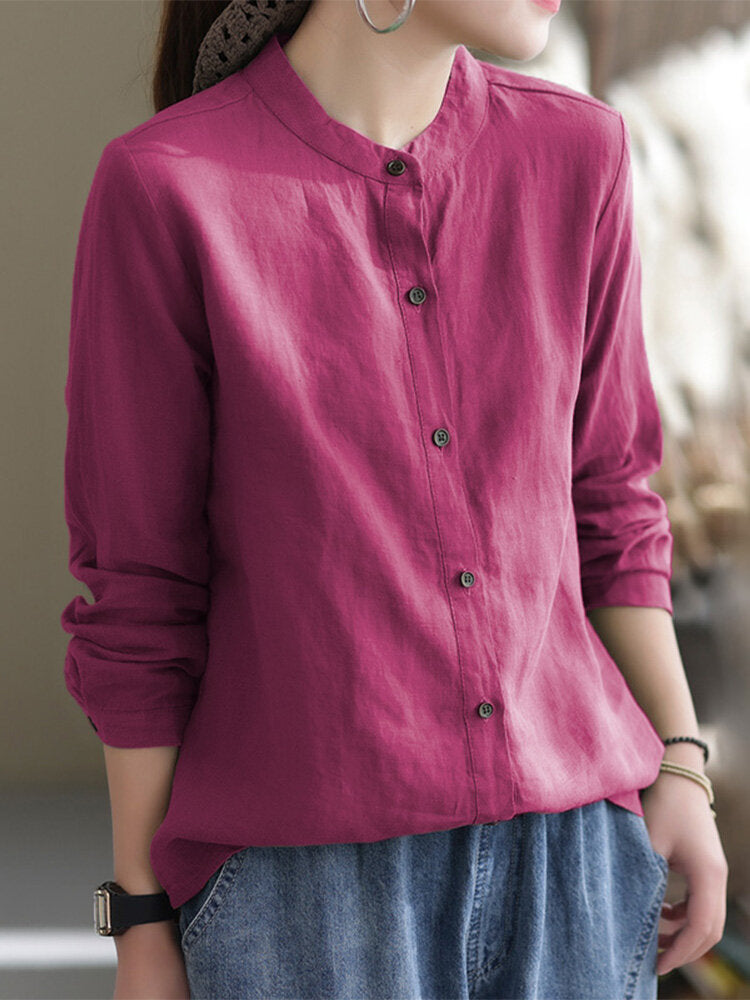 Solid Stand Collar Button Front Long Sleeve Blouse