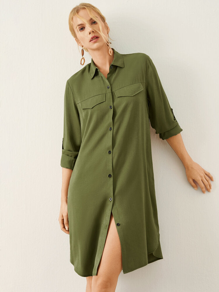 Solid Long Sleeve Button Front Lapel Women Dress