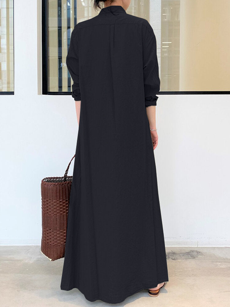 Solid Color Pocket Button Long Sleeve Casual Dress for Women