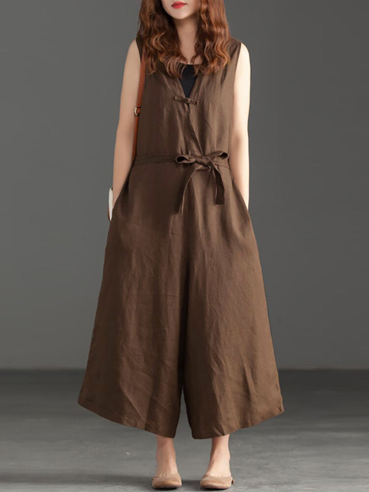 Women V-neck Belted Flare Overalls Jumpsuits