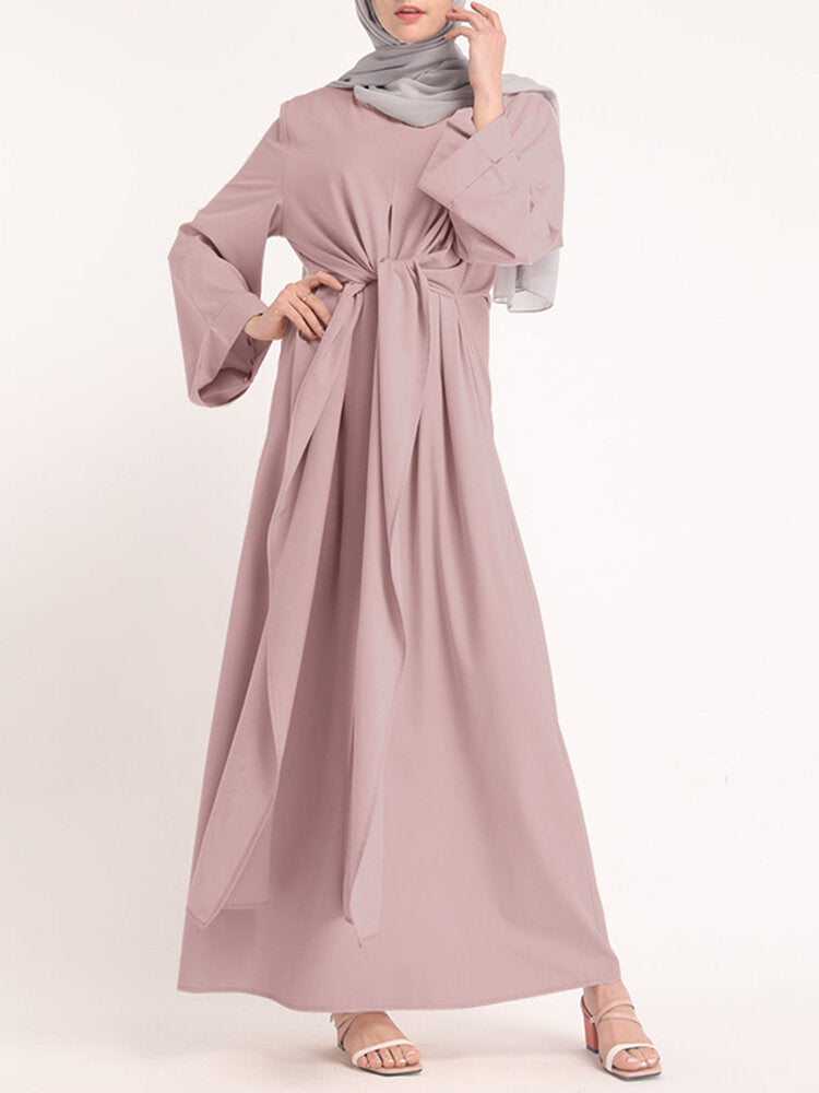 Solid Color Knotted Long Sleeve Maxi Muslim Women Dress