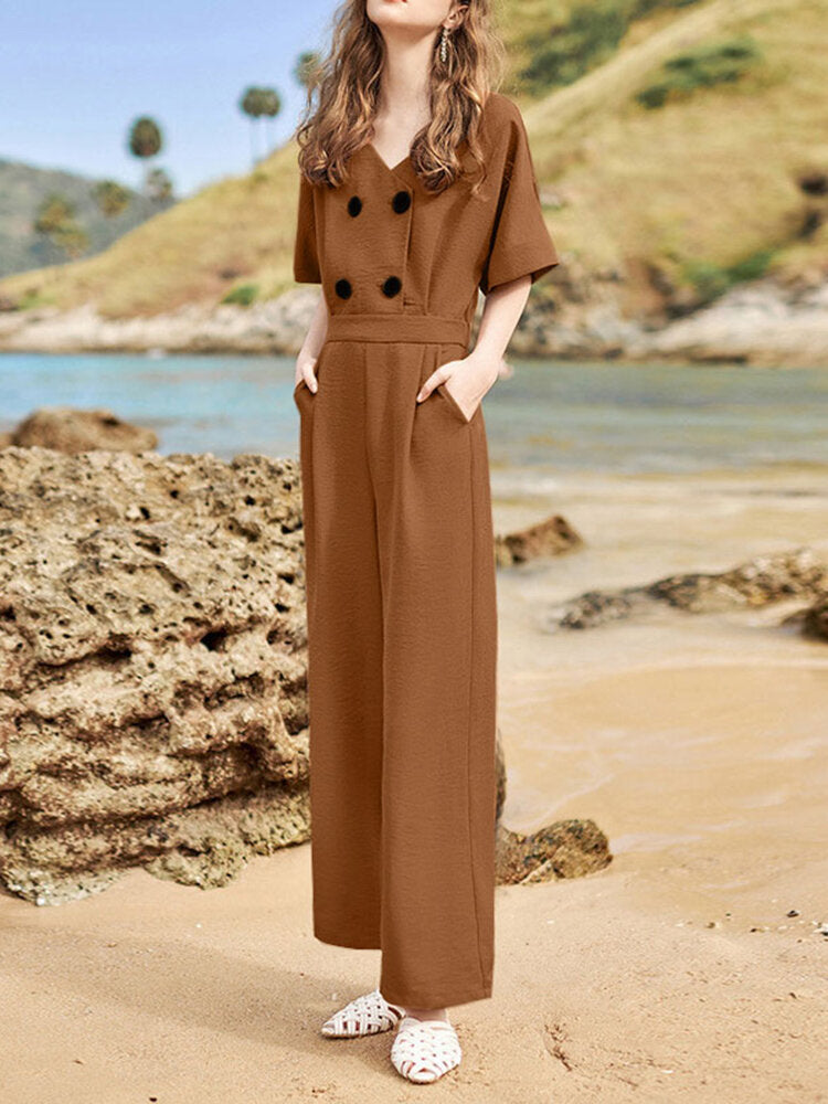 Solid Double Breasted Pocket Short Sleeve V-neck  Women Jumpsuits