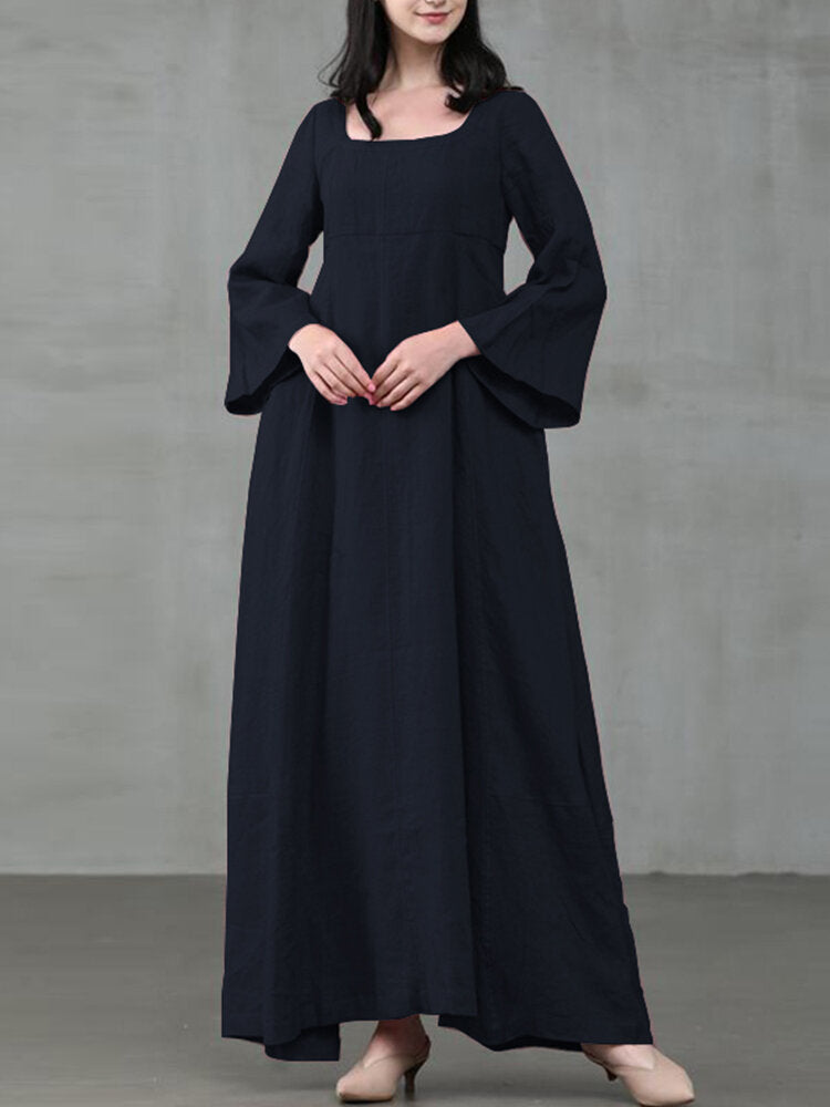 Solid Color A-Line Maxi Dress with Long Sleeves