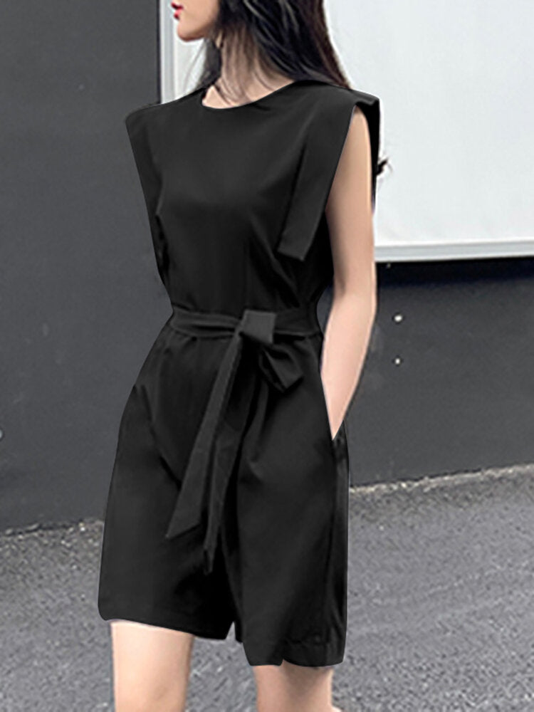 Solid Pocket Sleeveless Crew Neck  With Belt Women Romper