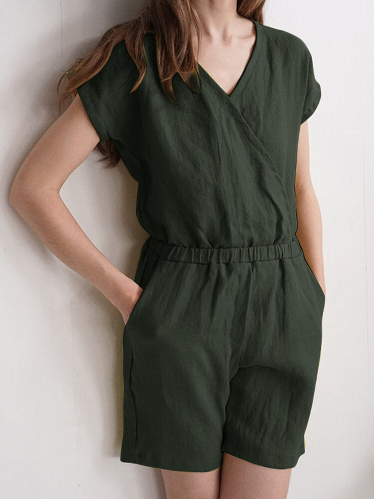 Solid Wrap V-neck Pocket Short Sleeve Casual  Women Romper