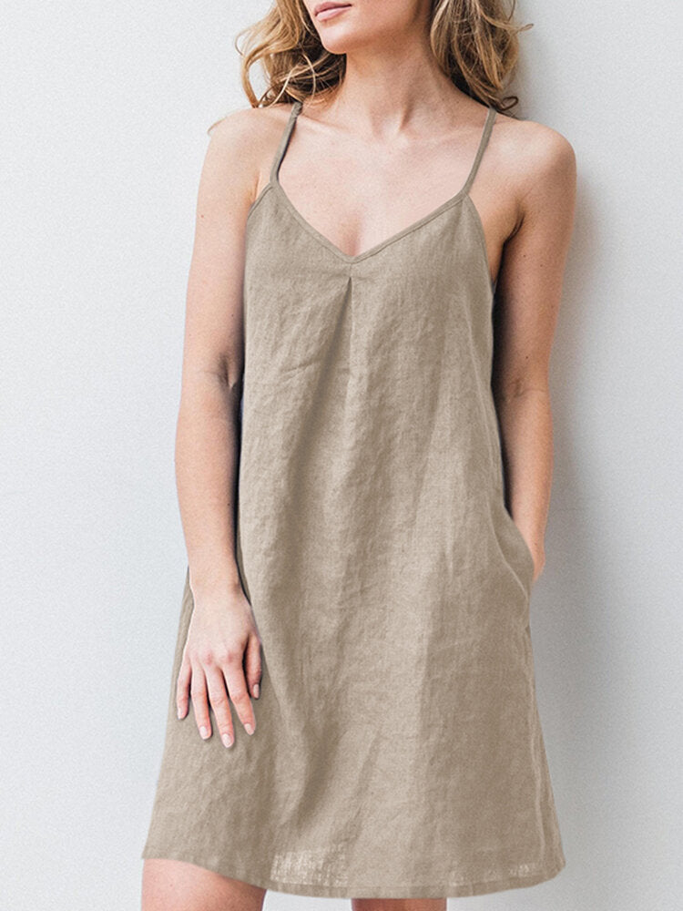Solid Pocket Spaghetti Strap Backless Dress For Women