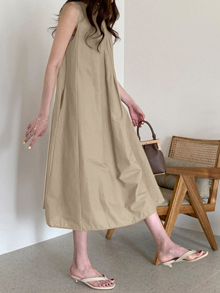 Solid O-neck Pleated Sleeveless Pocket Women Casual Dress
