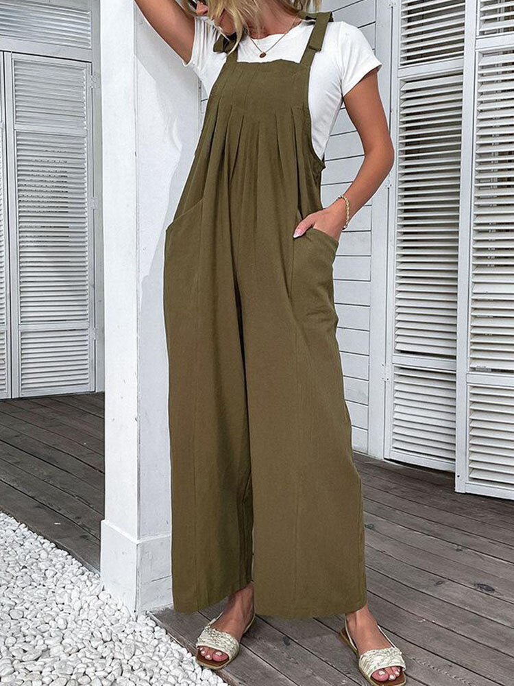 Solid Pocket Pleated Self Tie Strap Open Back  Women Jumpsuits