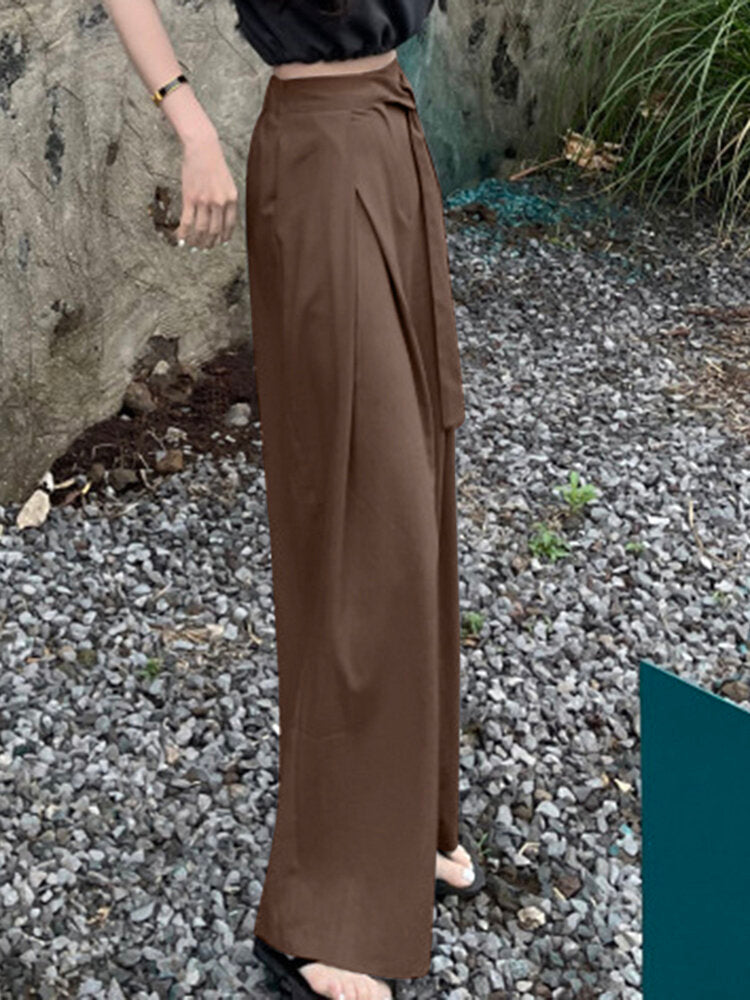 Solid Pocket Belt Wide Leg Pants For Women