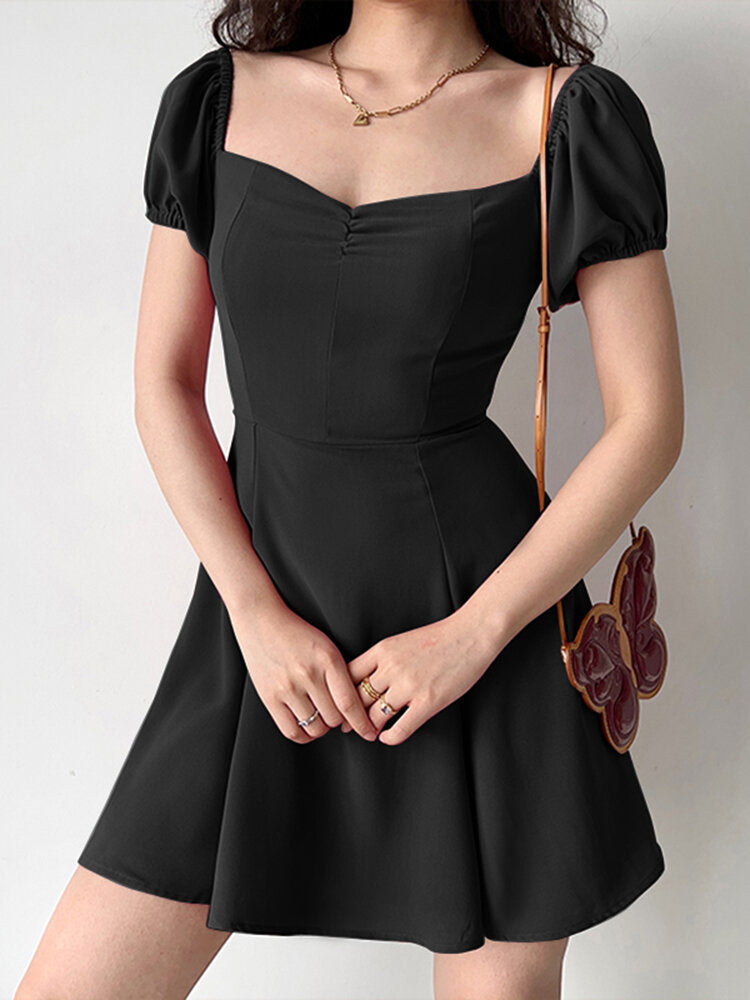 Solid Puff Sleeve A-line Square Collar Invisible Zip  Women Dress