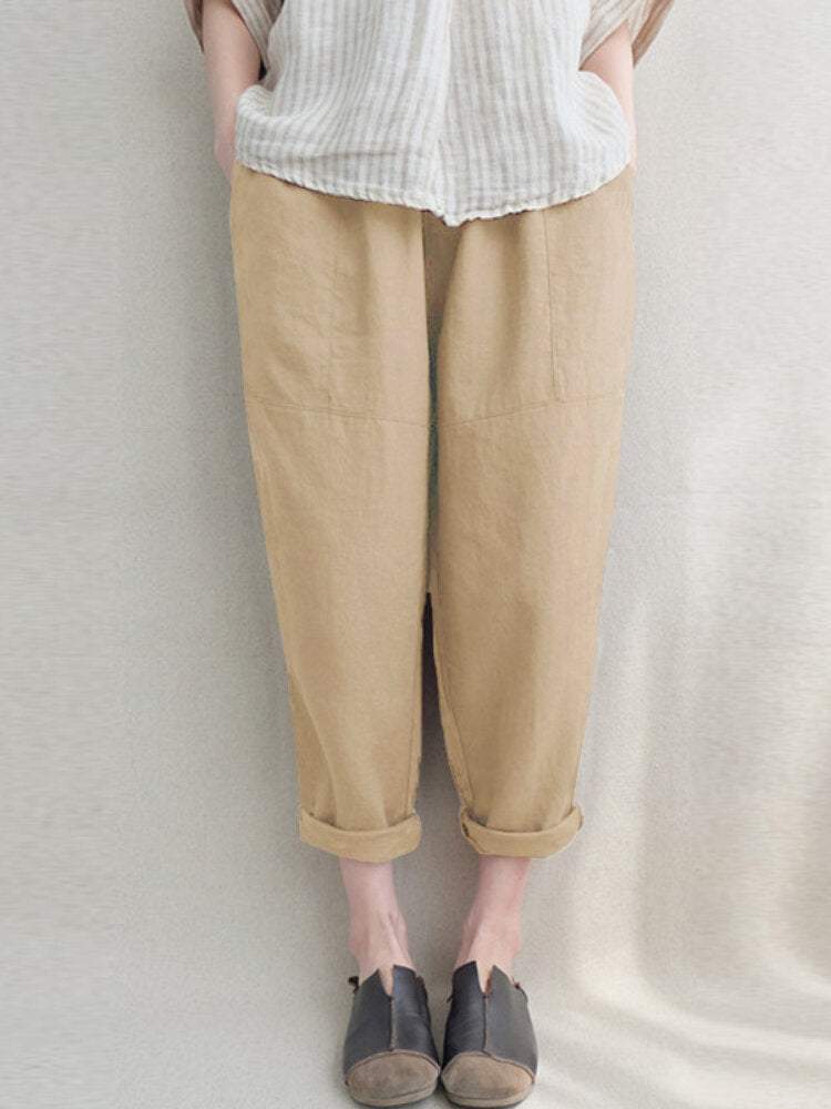 Plain Elastic Waist Pocket Casual Cotton Linen Pants
