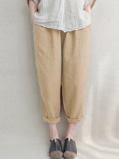Plain Elastic Waist Pocket Casual Cotton Linen Pants