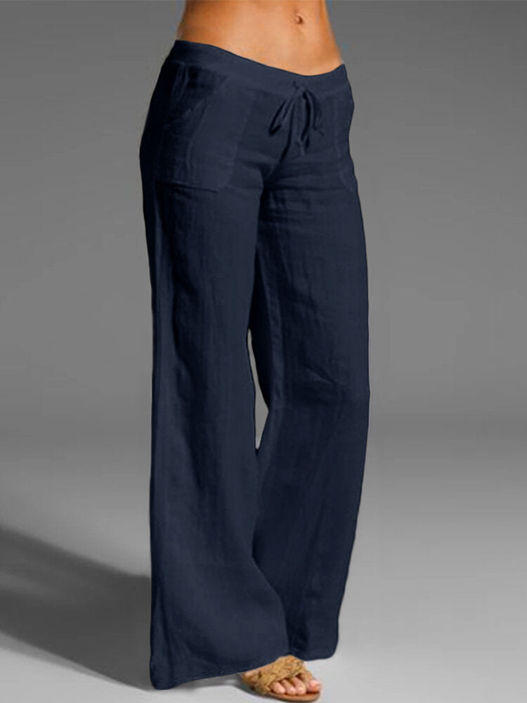 Solid Drawstring Waist Pocket Wide Leg Pants For Women
