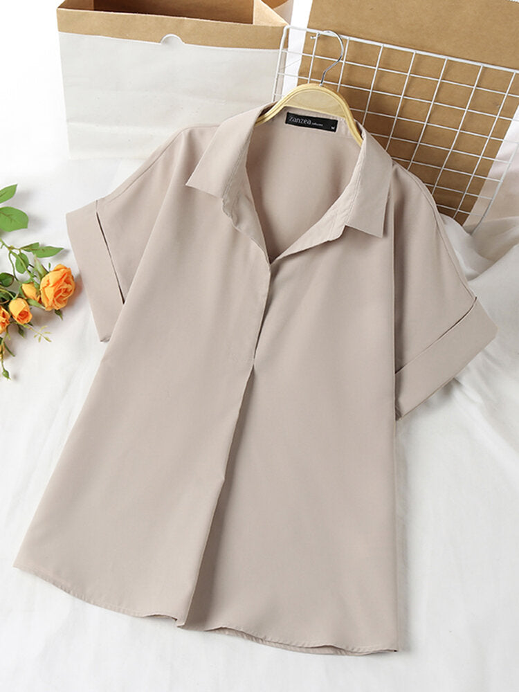 Women Solid Color Lapel Casual Short Sleeve Shirt