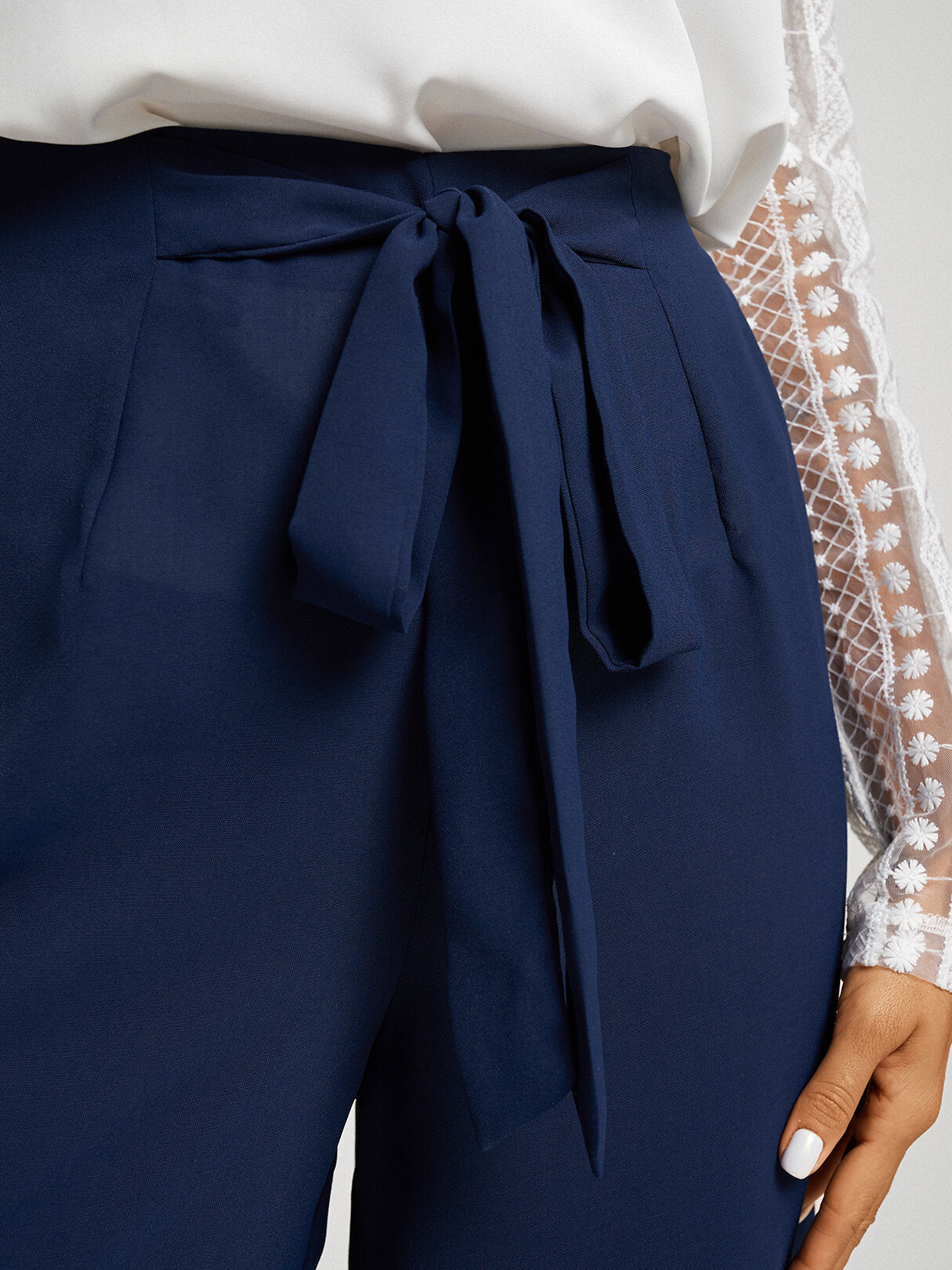 Solid Color Knotted Waist Slit Hem Wide Leg Pants