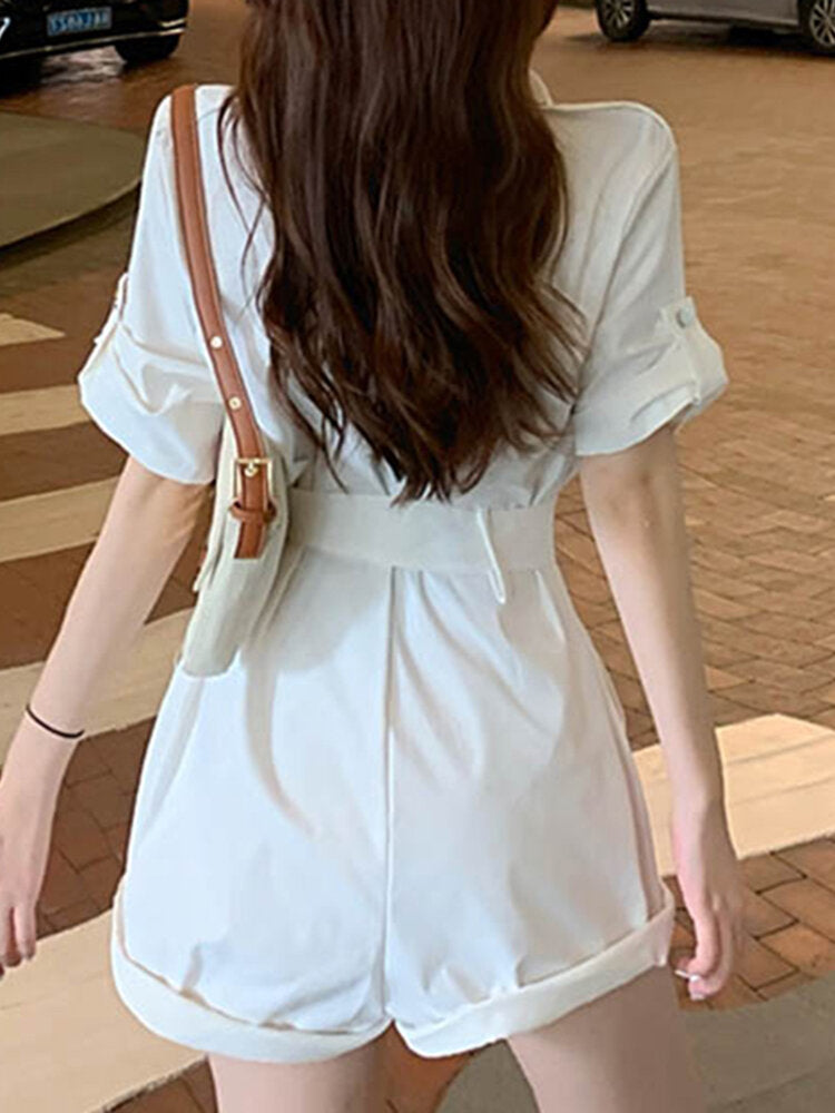 Solid Rolled Hem Pocket Short Sleeve  With Belt Women Romper