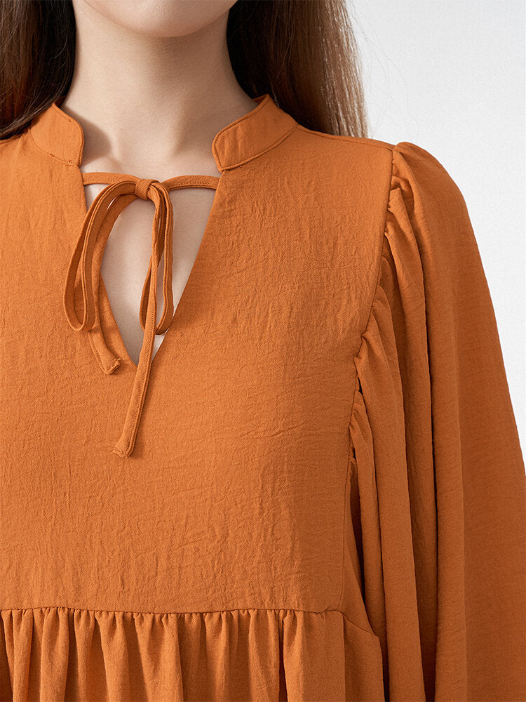 Solid Slit Tie Front Long Sleeve V-neck Casual Women Dress