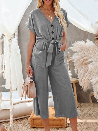 Solid Button Belt V-neck Pocket Short Sleeve  Women Jumpsuits