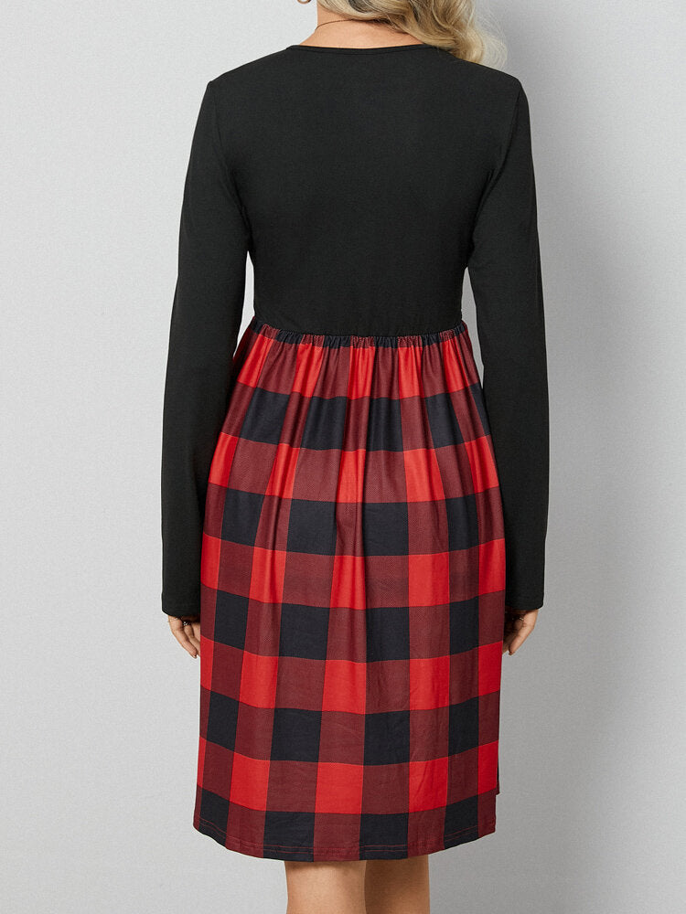 Leopard Check Stitch Bowknot Long Sleeve Crew Neck Dress
