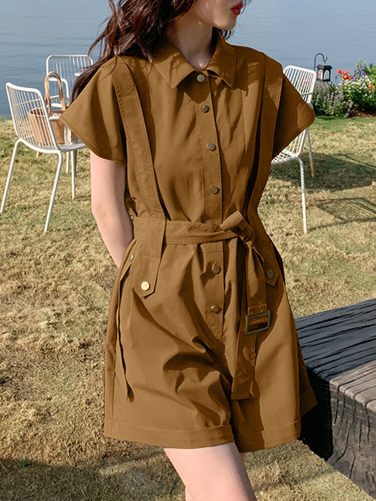 Solid Belt Button Front Pocket Short Sleeve Lapel Cargo  Women Romper