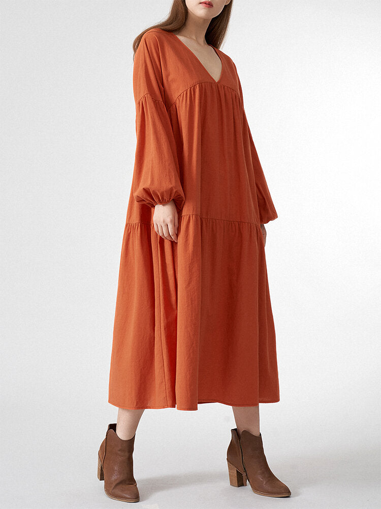 Solid V-neck Loose Casual Long Sleeve Women Dress
