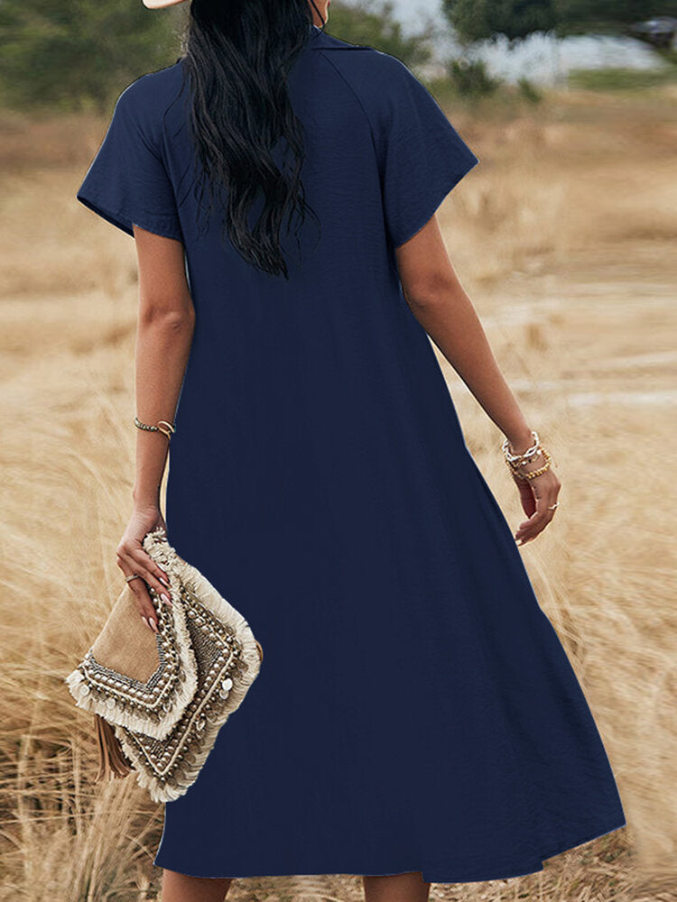 Solid Lapel Short Sleeve Button Front Casual  Women Dress