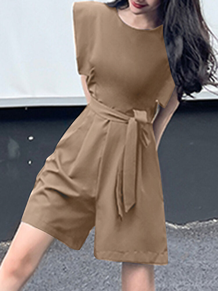 Solid Pocket Sleeveless Crew Neck  With Belt Women Romper
