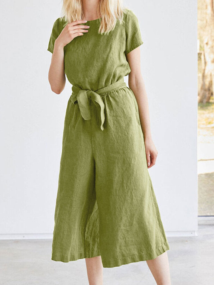 Solid Pocket Short Sleeve Wide Leg  With Belt Women Jumpsuits